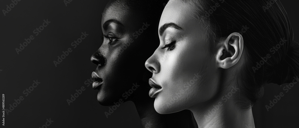 Fototapeta premium An evocative black and white photo capturing the side profiles of two women, their faces in harmony yet distinct, symbolizing unity in diversity.