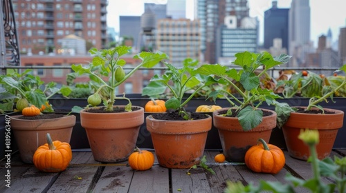 pumpkin seeds in large pots on a terrace overlooking the city generative ai