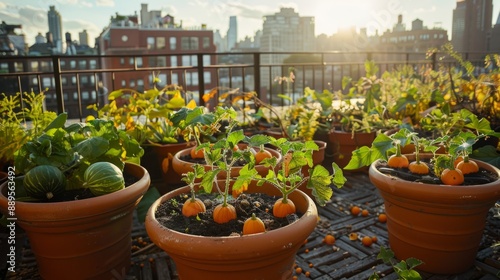pumpkin seeds in large pots on a terrace overlooking the city generative ai