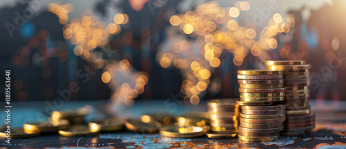 Piles of coins glimmer against a blurry world map with lights, hinting at global financial activity.