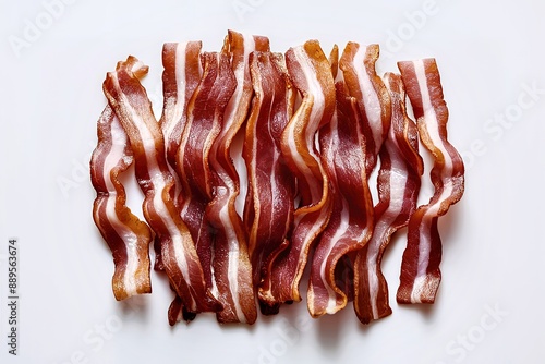 A pristine, high-resolution image of raw bacon slices lying elegantly against a crisp white background photo