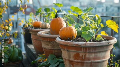 pumpkin seeds in large pots on a terrace overlooking the city generative ai