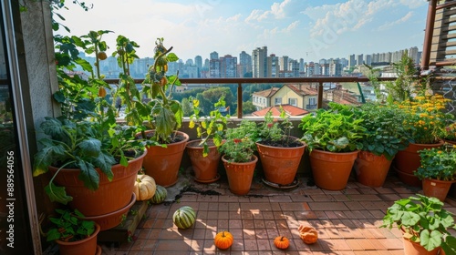 pumpkin seeds in large pots on a terrace overlooking the city generative ai