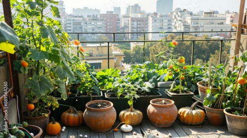 pumpkin seeds in large pots on a terrace overlooking the city generative ai