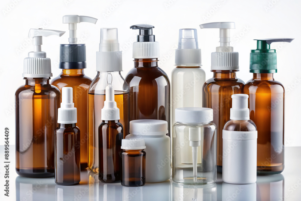 Assorted empty glass and plastic bottles with spray nozzles, labels, and caps, arranged on a white background, showcasing storage for medications and beauty products. Assorted empty glass and plastic bottles with spray nozzles, labels, and caps, arranged on a white background, showcasing storage for medications and beauty products.