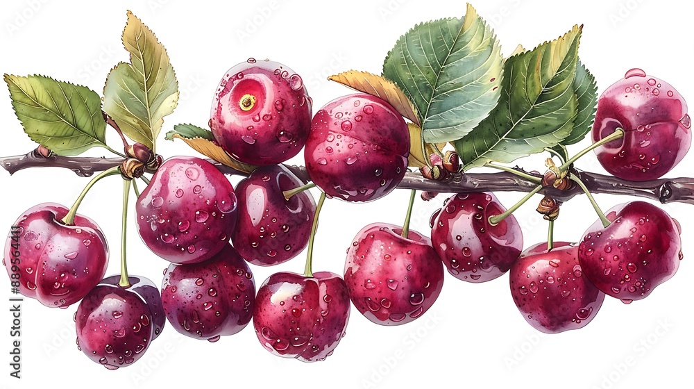 Cluster of cherries hanging from a branch, side view, with leaves visible on transparent background Cluster of cherries hanging from a branch, side view, with leaves visible on transparent background