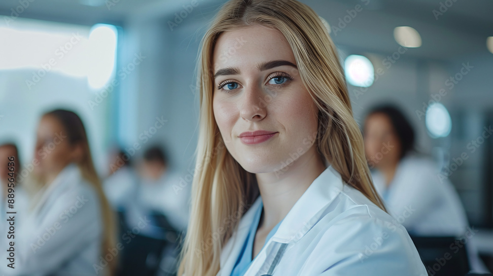 Fototapeta premium Young female doctor in a white coat sits at a meeting of doctors in a hospital