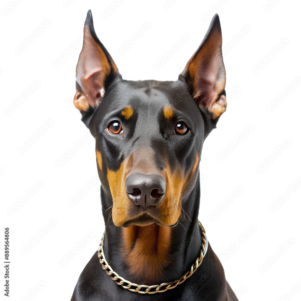 a black and tan doberman dog with a golden chain collar. The dog is looking directly at the camera with a serious expression. a black and tan doberman dog with a golden chain collar. The dog is looking directly at the camera with a serious expression.