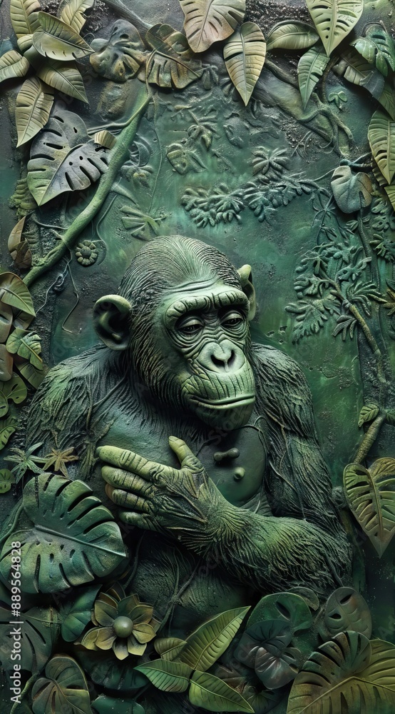 Beautiful chimpanzee 3d relief wallpaper. Mural wallpaper. Wall art. AI generated illustration Beautiful chimpanzee 3d relief wallpaper. Mural wallpaper. Wall art. AI generated illustration