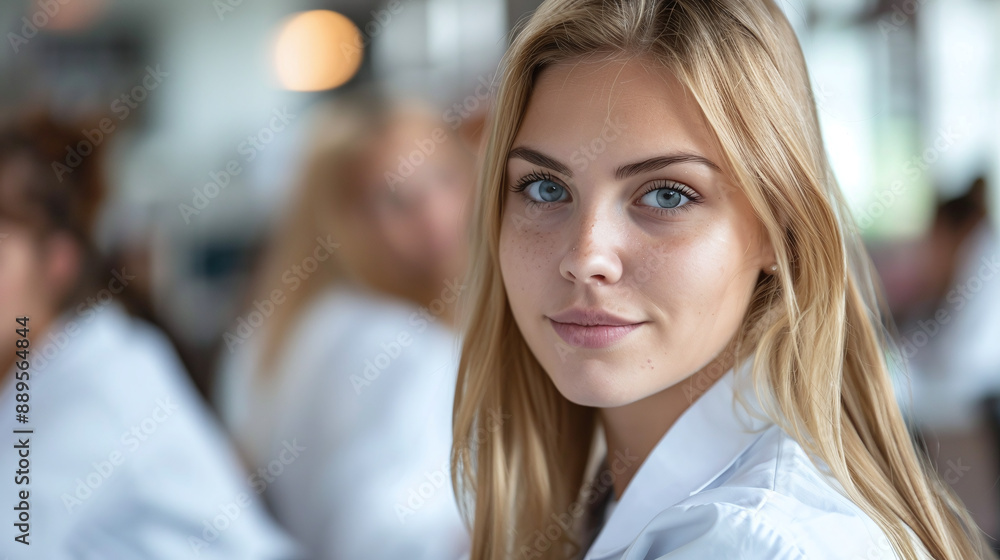 Young female doctor in a white coat sits at a meeting of doctors in a hospital Young female doctor in a white coat sits at a meeting of doctors in a hospital