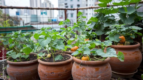 pumpkin seeds in large pots on a terrace overlooking the city generative ai