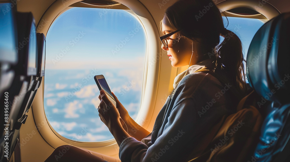 Fototapeta premium Young woman sitting with blank phone on the aircraft seat near the window during the flight in the airplane.- Generative AI.