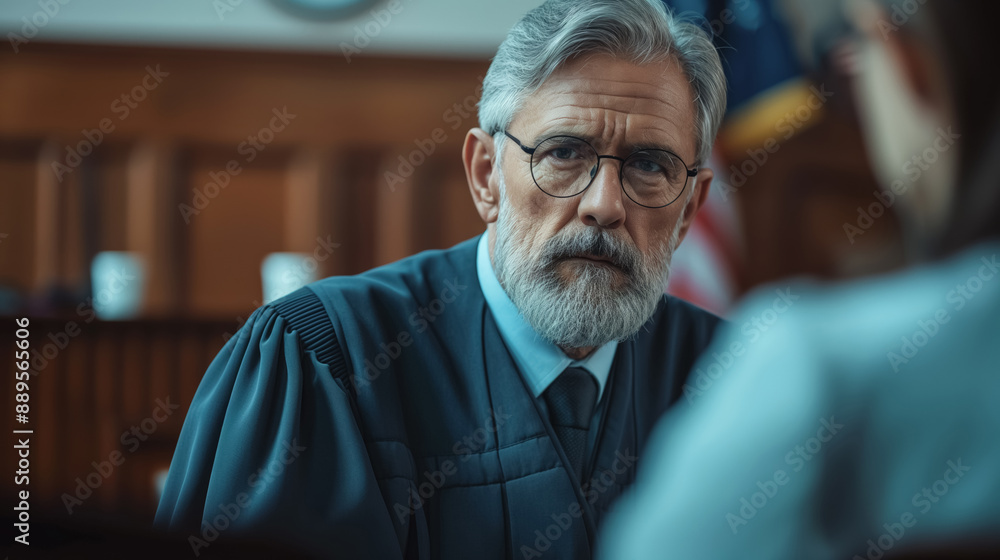 Stern, bearded judge wearing glasses and black robe sits in courtroom, intensely focused on person speaking in front of him. American flag is visible in background Stern, bearded judge wearing glasses and black robe sits in courtroom, intensely focused on person speaking in front of him. American flag is visible in background