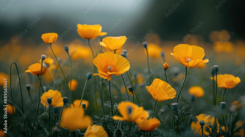 Vibrant Yellow Poppy Flowers in Lush Field at Twilight Vibrant Yellow Poppy Flowers in Lush Field at Twilight