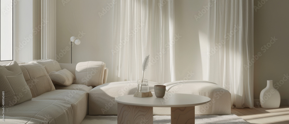 A peaceful, sun-drenched living room with modern, beige furniture, soft cushions, and a simple coffee table, perfect for relaxation. A peaceful, sun-drenched living room with modern, beige furniture, soft cushions, and a simple coffee table, perfect for relaxation.