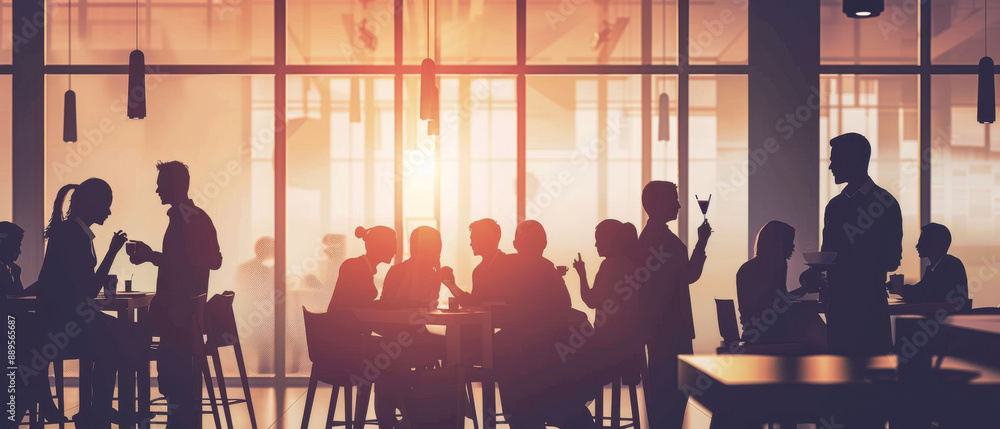 A busy cafe pulsing with life, filled with people enjoying social interactions as the sun sets outside. A busy cafe pulsing with life, filled with people enjoying social interactions as the sun sets outside.