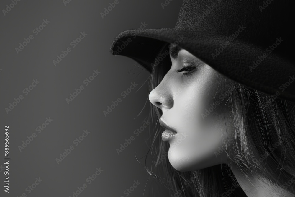 In this black and white portrait, a beautiful girl is wearing a hat on her head while posing in the studio; the photo is taken in profile In this black and white portrait, a beautiful girl is wearing a hat on her head while posing in the studio; the photo is taken in profile