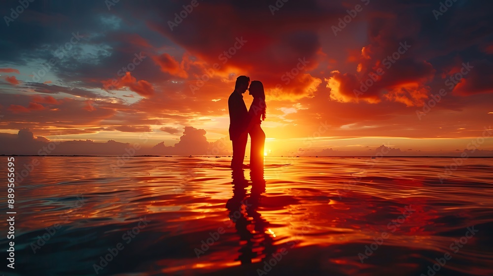 A couple in a loving embrace silhouetted against a stunning sunset over the ocean, the warm colors of the sky reflecting on the water and creating a tranquil and romantic scene. Captured with a DSLR, A couple in a loving embrace silhouetted against a stunning sunset over the ocean, the warm colors of the sky reflecting on the water and creating a tranquil and romantic scene. Captured with a DSLR,