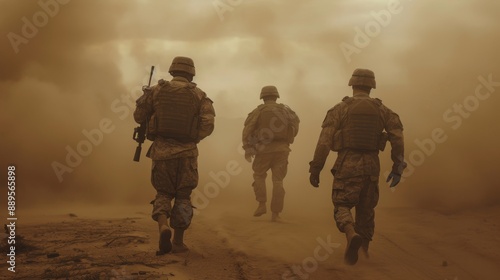 An army soldier walks in the desert sand, military operation. Stock photo.