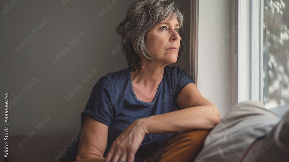 Woman sitting on the sofa and looking out the window Woman sitting on the sofa and looking out the window