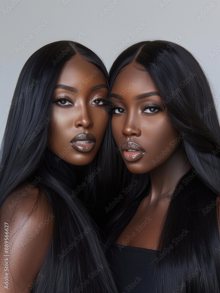 Elegant Twin Sisters with Flawless Makeup and Sleek Hairstyles Elegant Twin Sisters with Flawless Makeup and Sleek Hairstyles