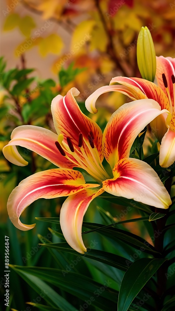 Fototapeta premium Very pretty colorful lily autumn garden flower close up