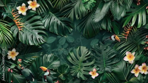 Minimalist lush green jungle backdrop with exotic flowers and resting birds