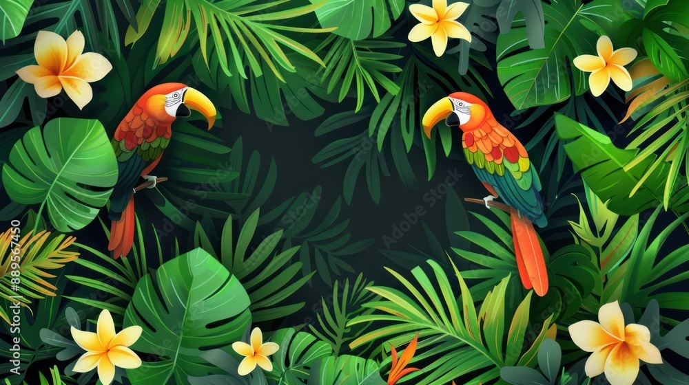 A minimalist green jungle with exotic flowers and vibrant tropical birds A minimalist green jungle with exotic flowers and vibrant tropical birds