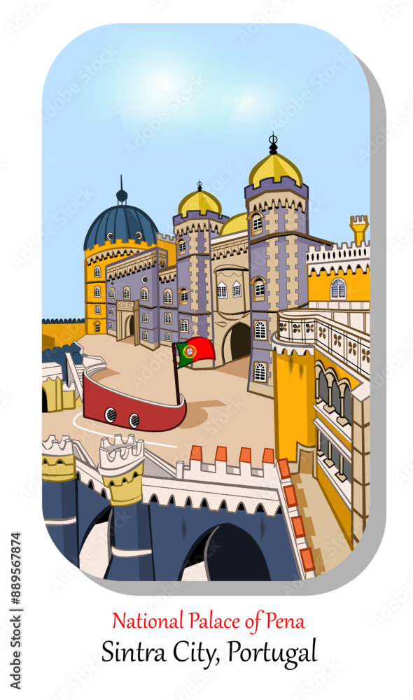 Fototapeta premium CIMAHI, INDONESIA-JULY 17, 2024-Cute National Palace of Pena Sintra unique vintage architecture buildings.Vector illustration design cartoon for poster,collection,background,sticker,souvenir,fabric.