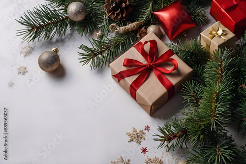 Christmas gift box in a craft paper with cones, balls, fir tree branches on a white background, zero waiste packaging, eco friendly, recycling. New year backrounds, greeting postcard, copy space.