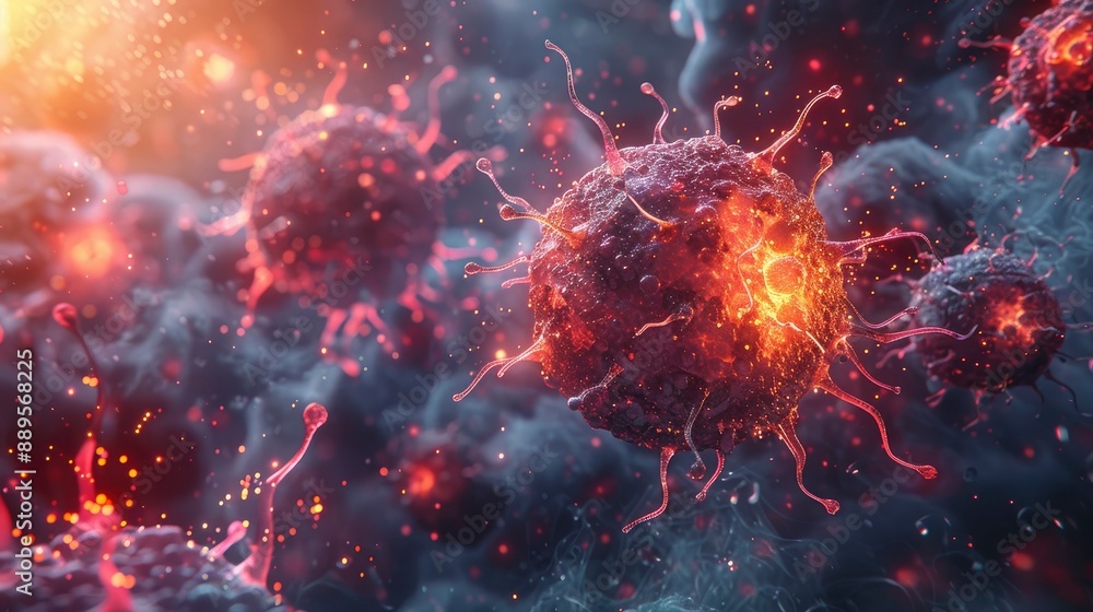 A digital rendering of virus particles being destroyed by the immune system, with a focus on the interaction between antibodies and the virus. A digital rendering of virus particles being destroyed by the immune system, with a focus on the interaction between antibodies and the virus.