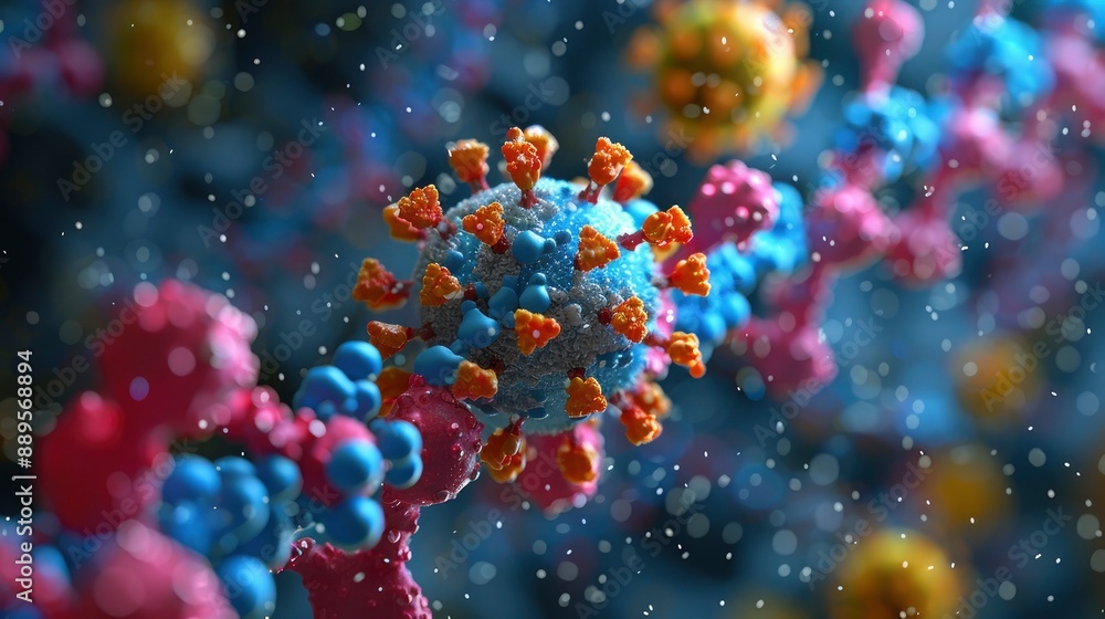 A visual representation of virus mutation, showing the transformation of the virus particle with color changes and structural alterations. A visual representation of virus mutation, showing the transformation of the virus particle with color changes and structural alterations.
