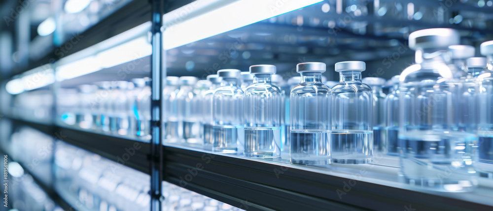 Shelves filled with rows of clear glass vials in a brightly lit, sterile laboratory environment, emphasizing precision and cleanliness. Shelves filled with rows of clear glass vials in a brightly lit, sterile laboratory environment, emphasizing precision and cleanliness.