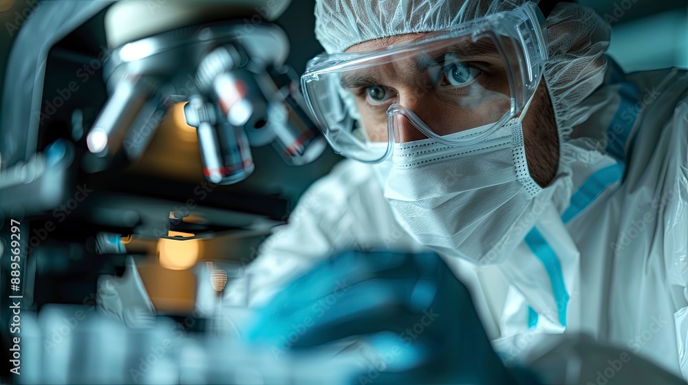 A healthcare worker wearing protective gear and examining virus samples in a laboratory setting, highlighting the research environment. A healthcare worker wearing protective gear and examining virus samples in a laboratory setting, highlighting the research environment.