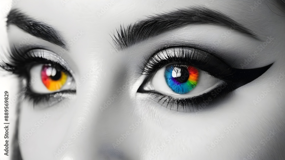 Obraz premium Black and white photo of a woman's eye with abstract colorful accents