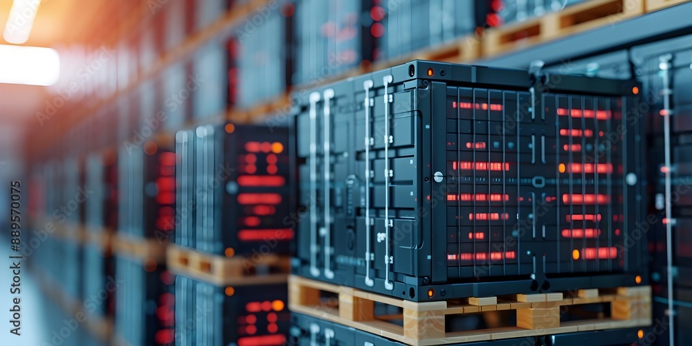 Futuristic Warehouse Filled with High Tech Business Product Crates for Efficient Logistics and Commerce Futuristic Warehouse Filled with High Tech Business Product Crates for Efficient Logistics and Commerce