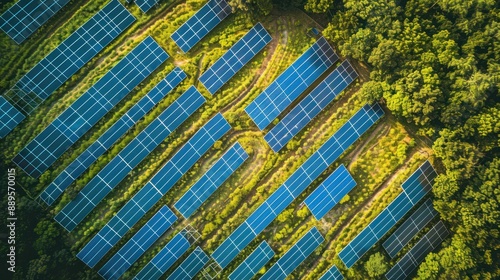 Aerial view of a solar farm featuring rows of photovoltaic panels.