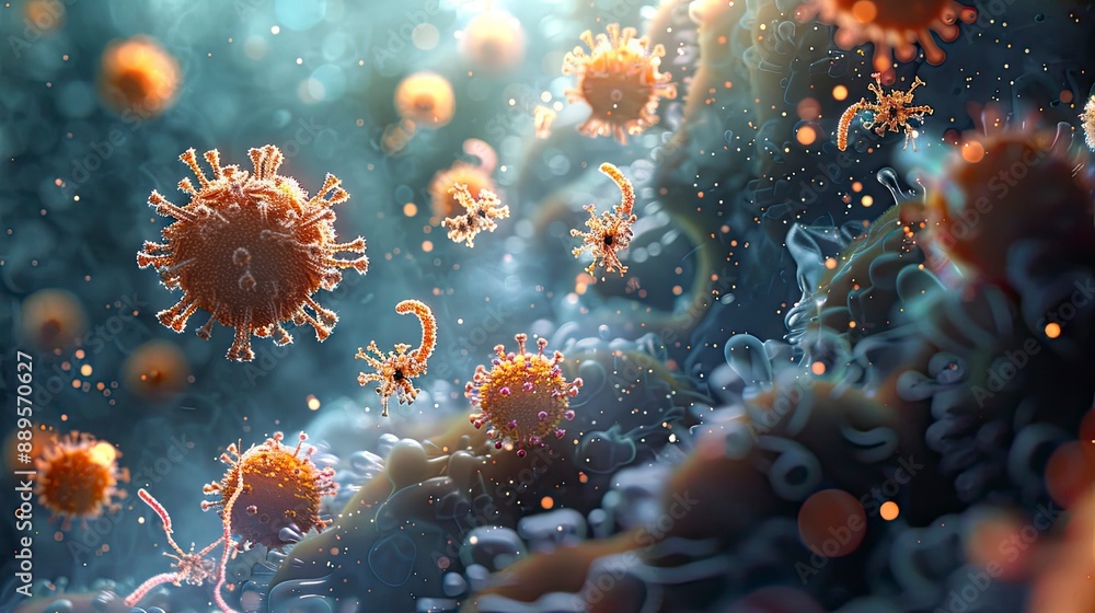 A digital rendering of virus particles being destroyed by the immune system, with a focus on the interaction between antibodies and the virus. A digital rendering of virus particles being destroyed by the immune system, with a focus on the interaction between antibodies and the virus.