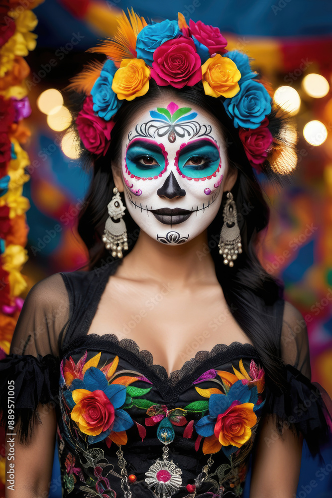 beautiful woman with painted skull on her face for Mexico's Day of the Dead beautiful woman with painted skull on her face for Mexico's Day of the Dead