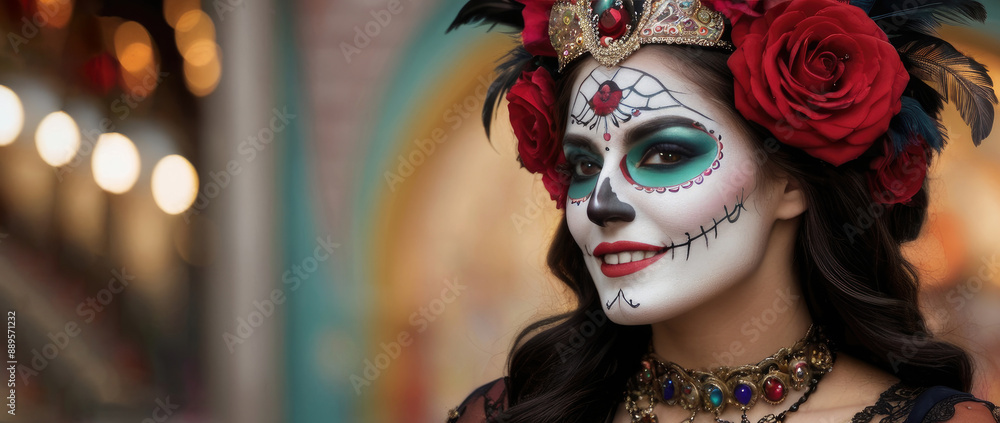 beautiful woman with painted skull on her face for Mexico's Day of the Dead beautiful woman with painted skull on her face for Mexico's Day of the Dead