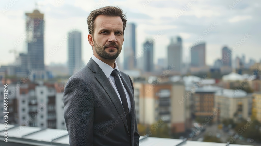 Business portrait of a businessman in a suit, standing against a cityscape background. Business portrait of a businessman in a suit, standing against a cityscape background.