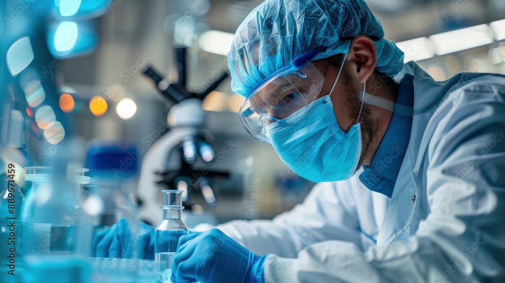 A healthcare worker wearing protective gear and examining virus samples in a laboratory setting, highlighting the research environment. A healthcare worker wearing protective gear and examining virus samples in a laboratory setting, highlighting the research environment.