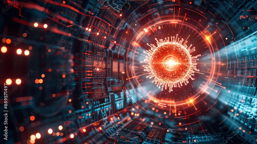 A futuristic digital landscape with a virus particle at the center, surrounded by glowing lines and data streams. A futuristic digital landscape with a virus particle at the center, surrounded by glowing lines and data streams.