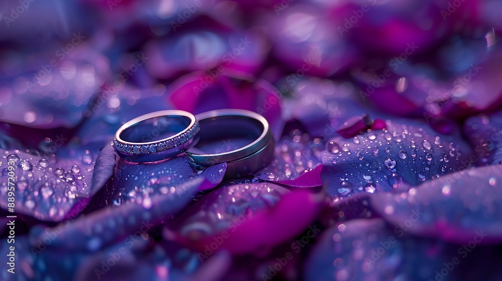 custom made wallpaper toronto digitalA romantic setting with wedding rings placed on deep purple rose petals, the soft ambient lighting creating a mystical and luxurious ambiance. Captured with a DSLR, macro shot,