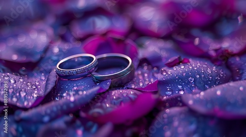 Wallpaper Mural A romantic setting with wedding rings placed on deep purple rose petals, the soft ambient lighting creating a mystical and luxurious ambiance. Captured with a DSLR, macro shot, Torontodigital.ca