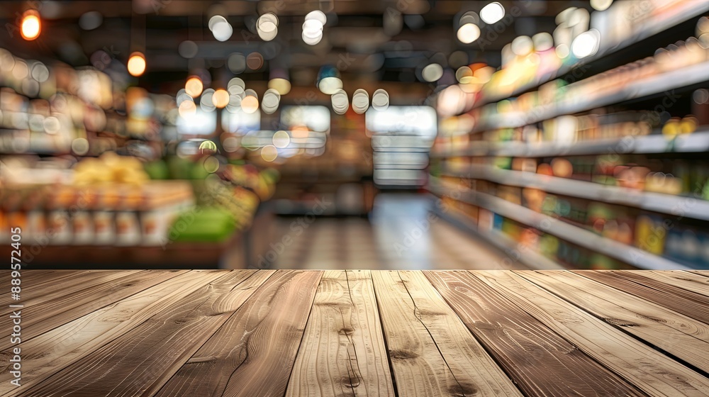 Wooden Tabletop Against Blurred Supermarket Interior Wooden Tabletop Against Blurred Supermarket Interior