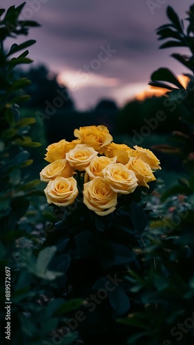Yellow roses in the evening garden beautiful summer flowers moody floral background