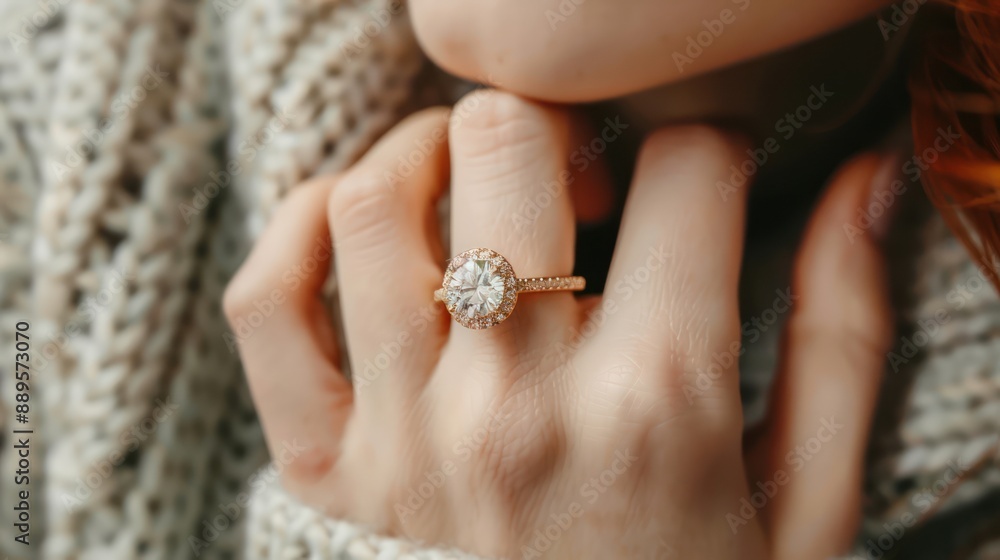 Close-up of a woman's hand wearing an engagement ring with a sparkling diamond. Close-up of a woman's hand wearing an engagement ring with a sparkling diamond.