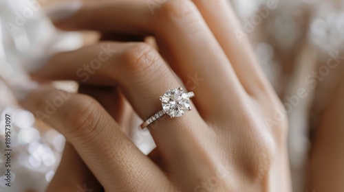 Close-up of a woman's hand wearing an engagement ring with a sparkling diamond.