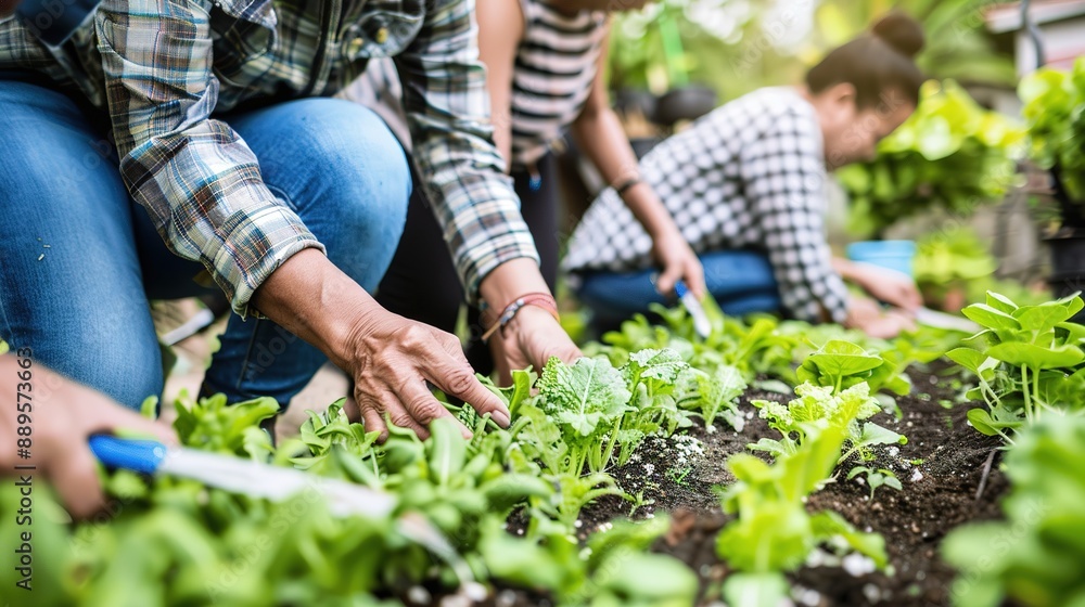 Fototapeta premium Gardeners Tending to Greenery in a Lush Urban Garden